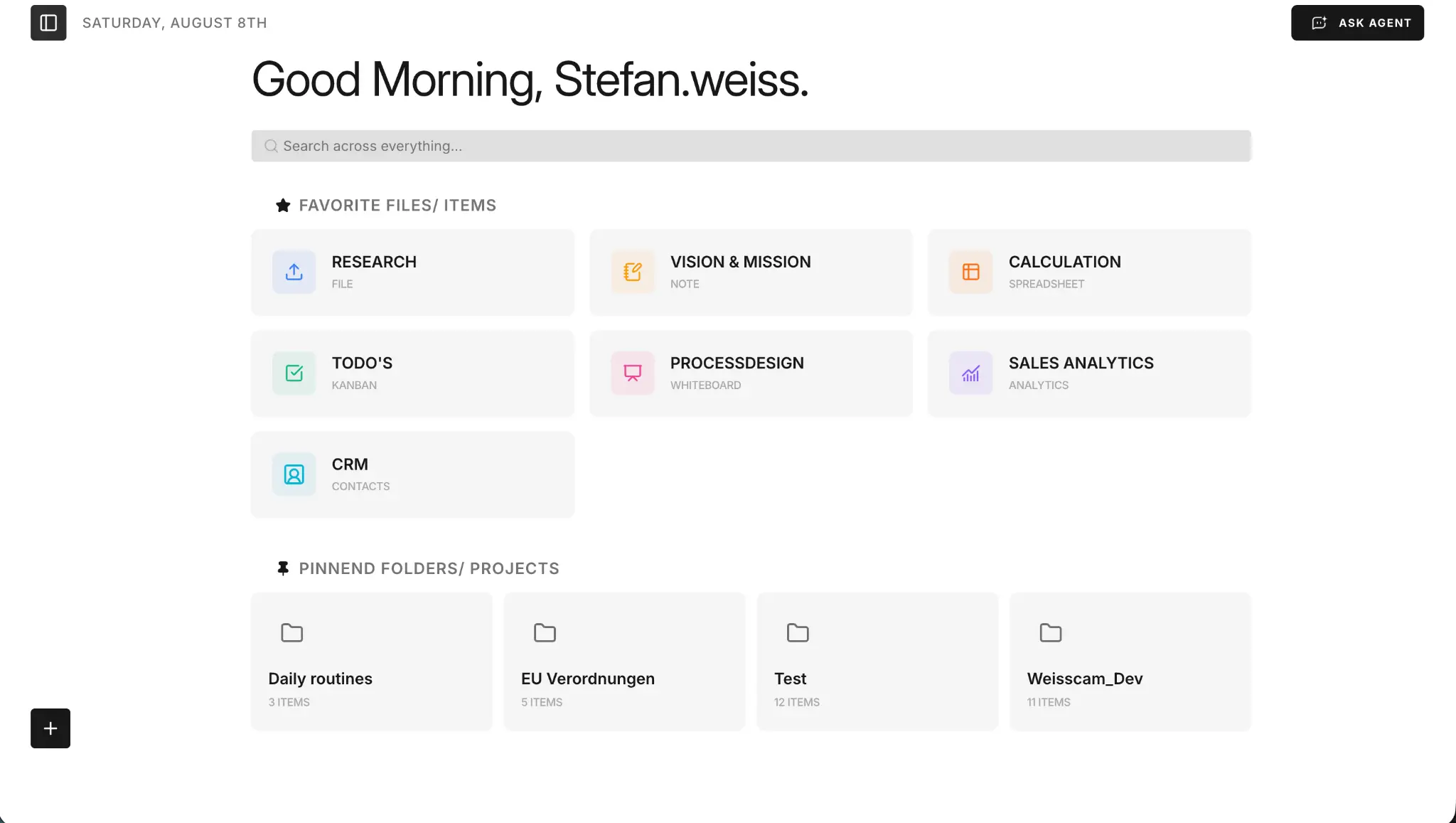 Weisscam Dashboard mit sieben Apps, globaler Suche und Projektordnern