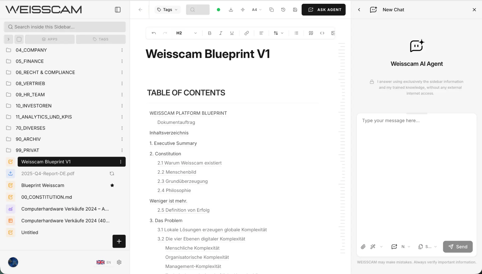 Weisscam Workspace mit Seitenleiste, Dokument-Editor und KI-Agent